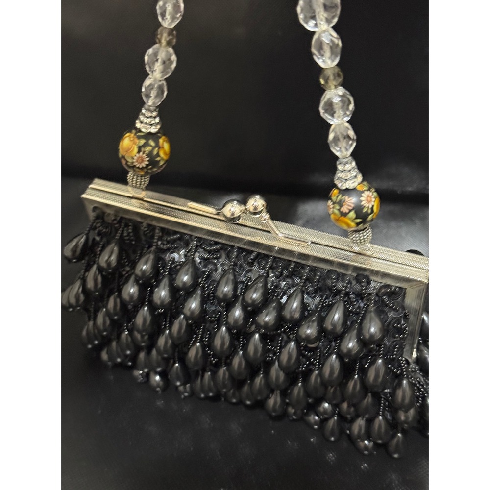 Lily Scott Beaded Clutch Bag Black Evening Purse Floral Crystal Handle